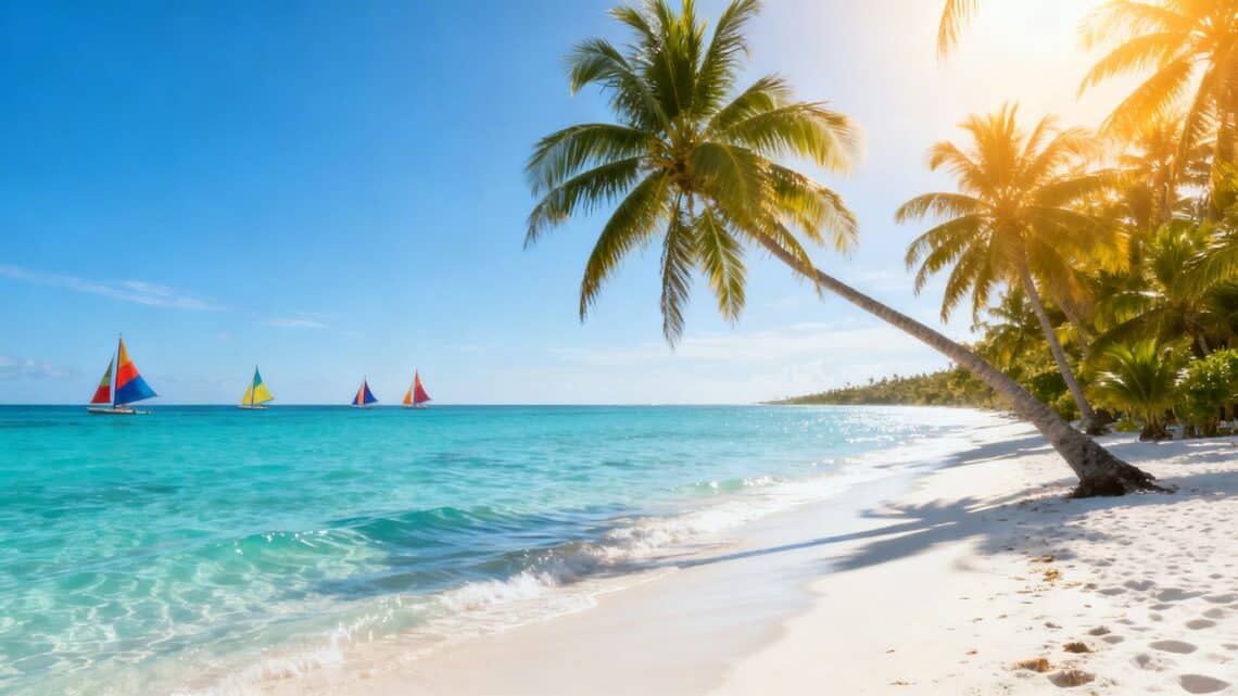 Beautiful Caribbean beach with clear water and palm trees.