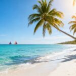 Beautiful Caribbean beach with clear water and palm trees.