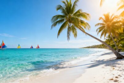 Beautiful Caribbean beach with clear water and palm trees.