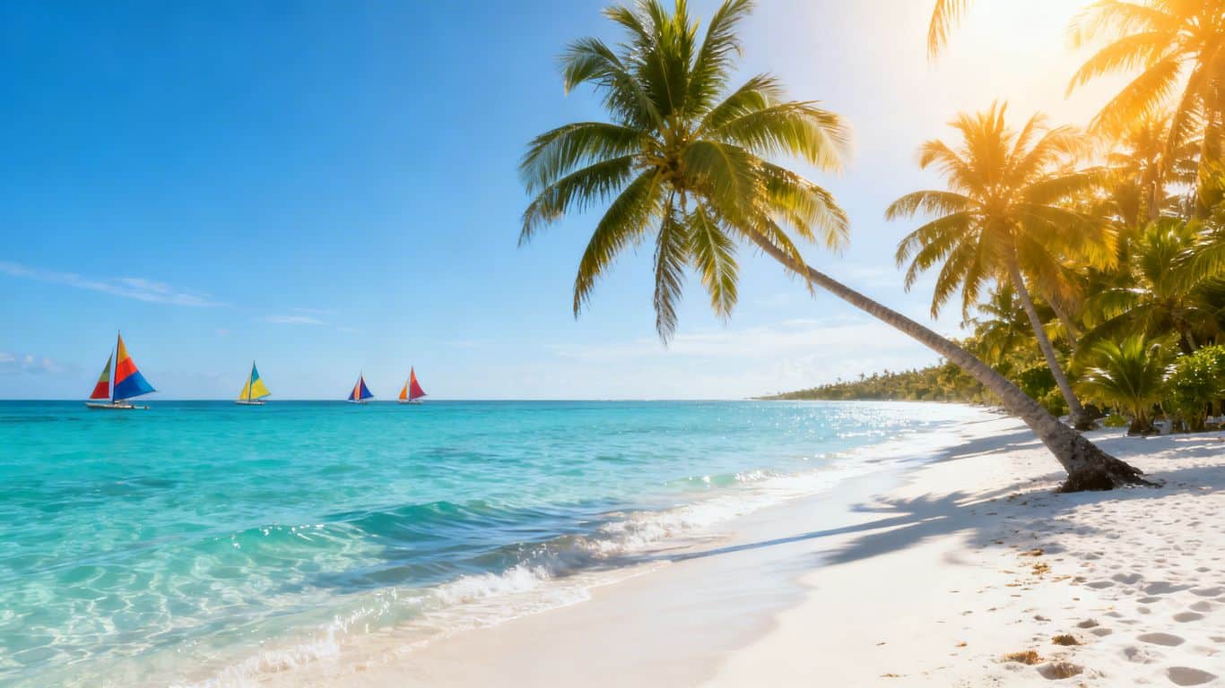 Beautiful Caribbean beach with clear water and palm trees.