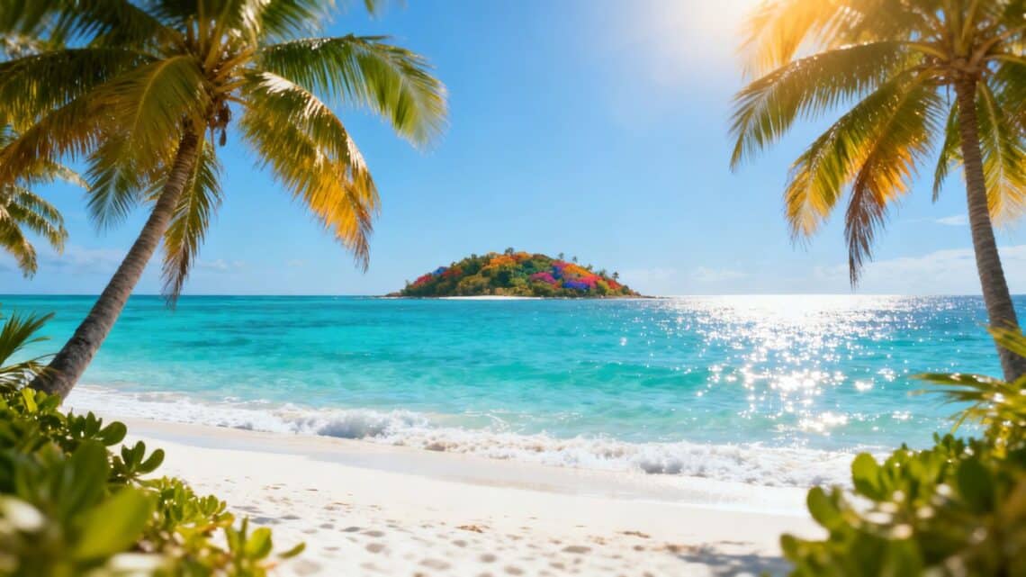 Caribbean beach with turquoise water and palm trees.