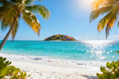 Caribbean beach with turquoise water and palm trees.