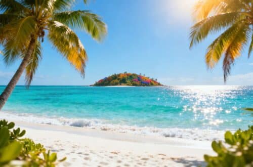 Caribbean beach with turquoise water and palm trees.