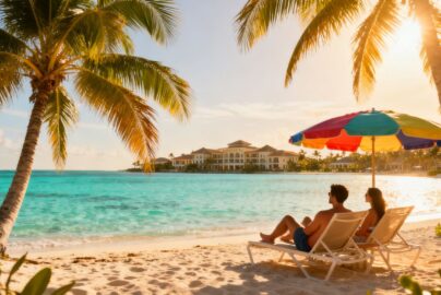 Couple relaxing on a tropical beach vacation.