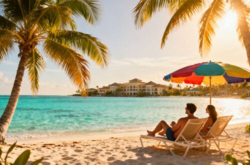 Couple relaxing on a tropical beach vacation.