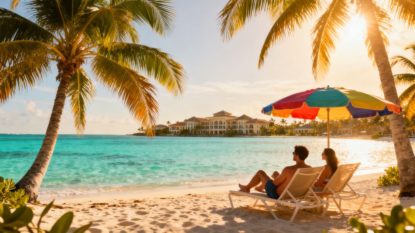 Couple relaxing on a tropical beach vacation.
