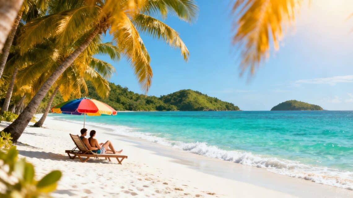 Affordable tropical vacation with beach and palm trees.