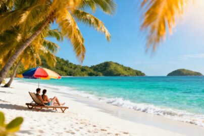 Affordable tropical vacation with beach and palm trees.