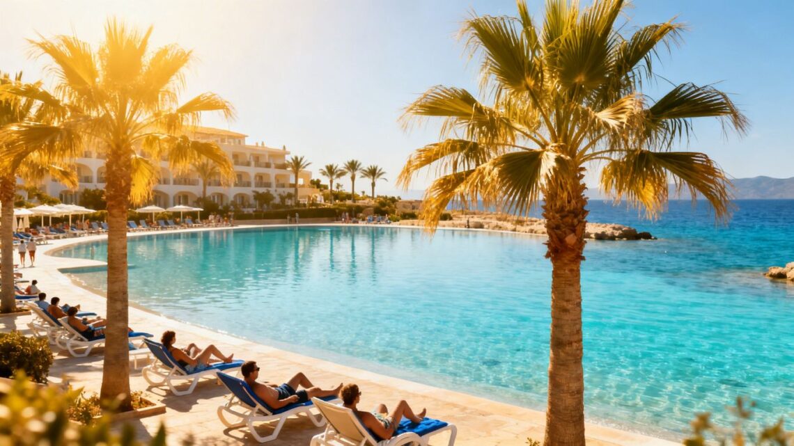 Cyprus beach resort with turquoise water and palm trees.