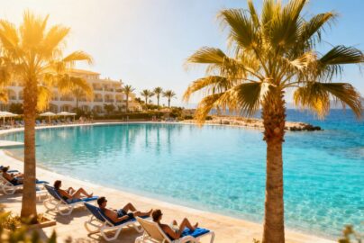Cyprus beach resort with turquoise water and palm trees.