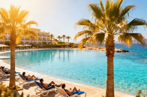 Cyprus beach resort with turquoise water and palm trees.