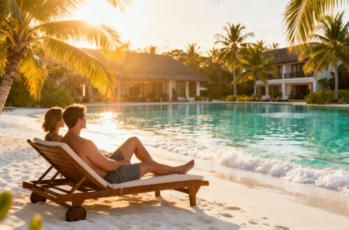 Couple relaxing on a tropical beach with resort.