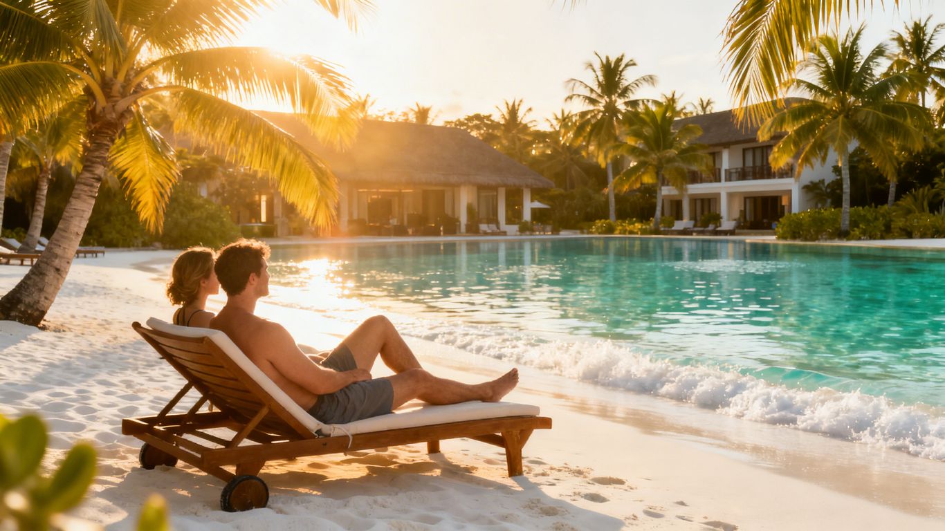 Couple relaxing on a tropical beach with resort.