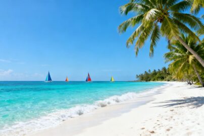 Beautiful Caribbean beach with clear water and palm trees.