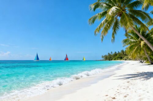 Beautiful Caribbean beach with clear water and palm trees.
