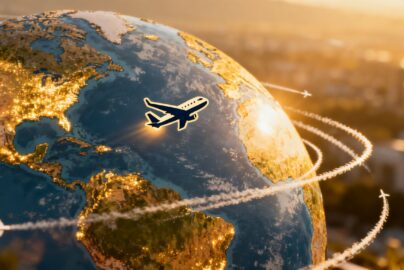 Globe with airplane trails and flight deal icon.