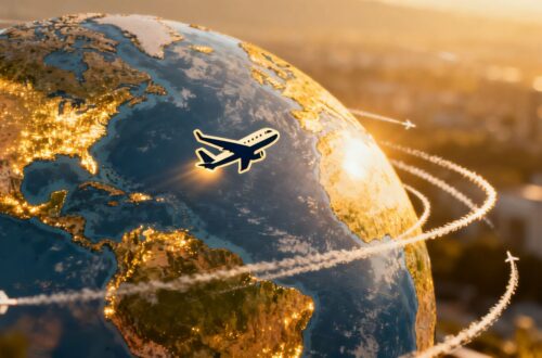 Globe with airplane trails and flight deal icon.