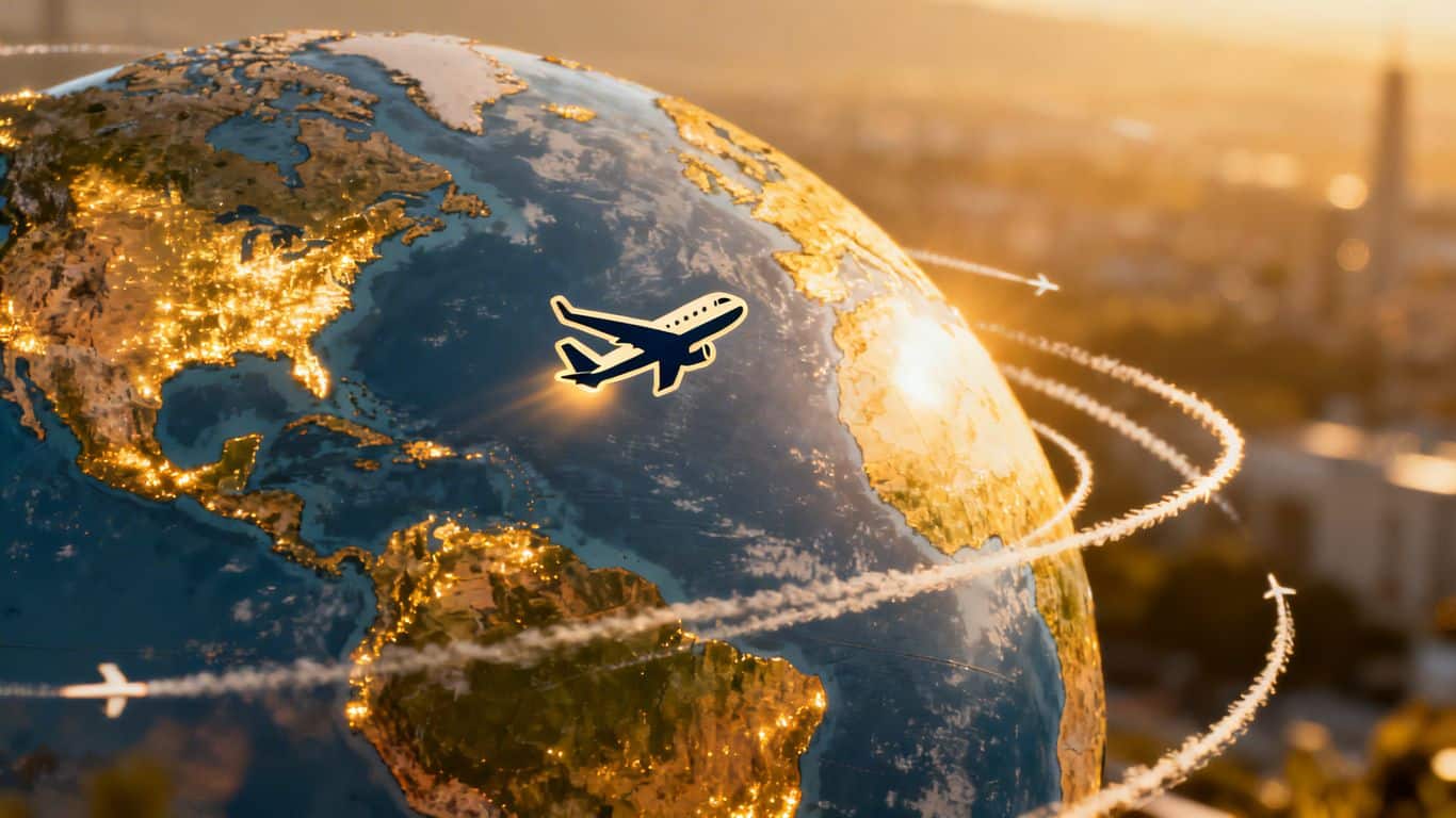 Globe with airplane trails and flight deal icon.