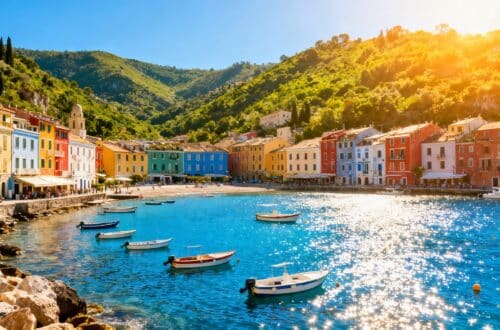 Affordable coastal town with colorful buildings and blue harbor.