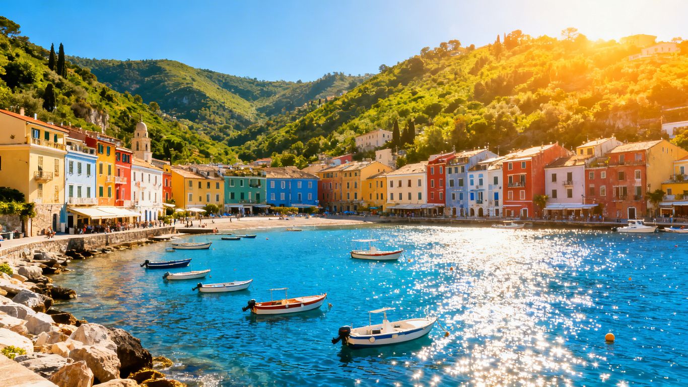 Affordable coastal town with colorful buildings and blue harbor.
