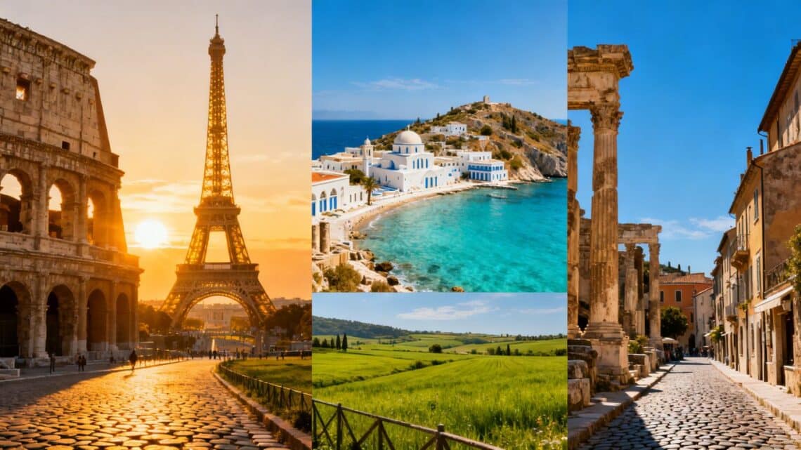 Iconic European landmarks and scenic landscapes for travel.