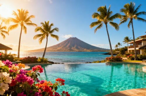 Luxury resort pool and beach in the Canary Islands.