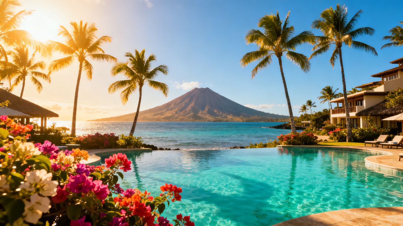 Luxury resort pool and beach in the Canary Islands.
