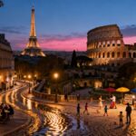 Iconic European cityscape at dusk with illuminated landmarks.