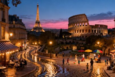 Iconic European cityscape at dusk with illuminated landmarks.