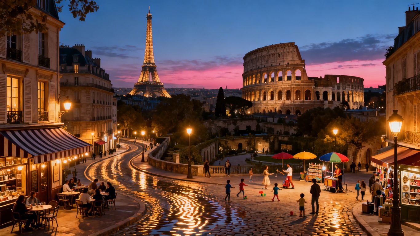 Iconic European cityscape at dusk with illuminated landmarks.