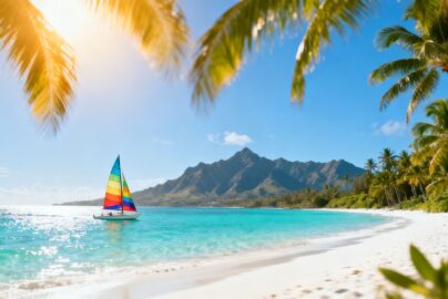 Beautiful beach destination with palm trees and mountains.