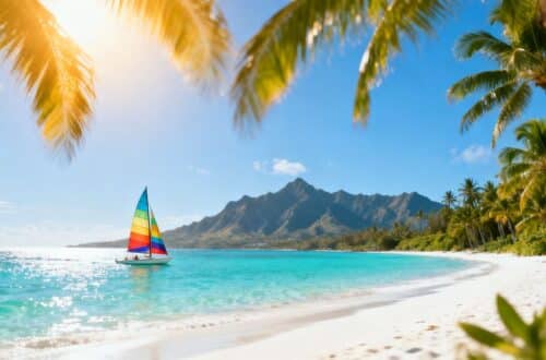 Beautiful beach destination with palm trees and mountains.