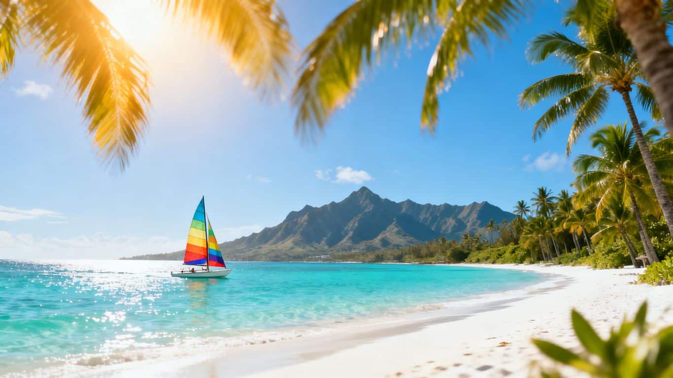 Beautiful beach destination with palm trees and mountains.
