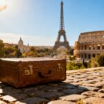European landmarks with a vintage suitcase, ready for vacation.