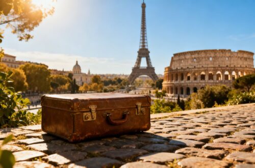 European landmarks with a vintage suitcase, ready for vacation.