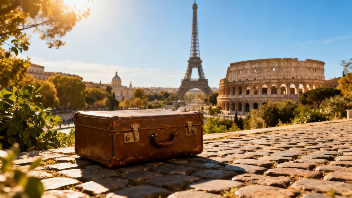 European landmarks with a vintage suitcase, ready for vacation.
