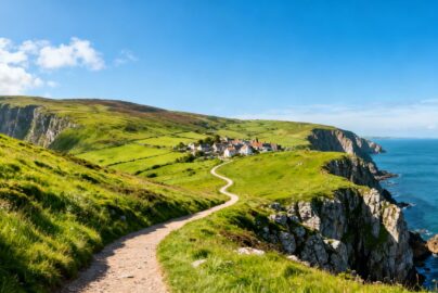 Scenic UK landscape with hills, cliffs, and a village.