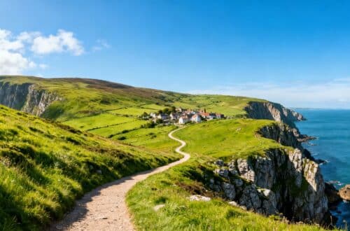 Scenic UK landscape with hills, cliffs, and a village.
