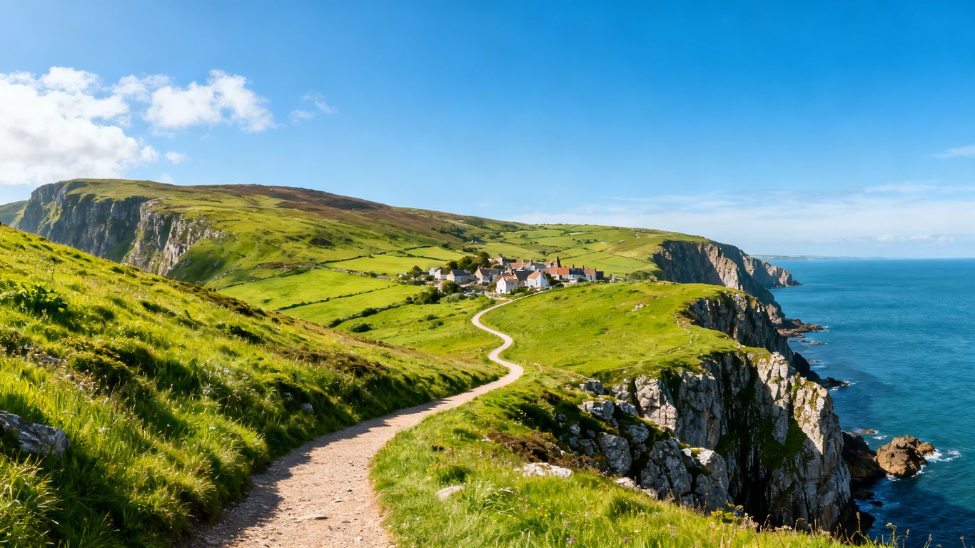 Scenic UK landscape with hills, cliffs, and a village.