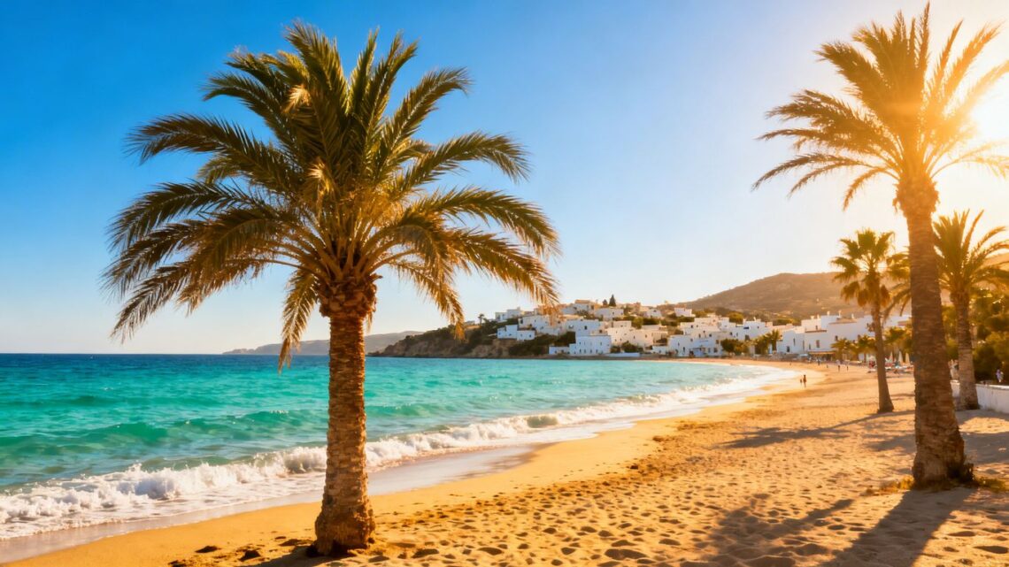 Sunny European beach with clear blue water and palm trees.