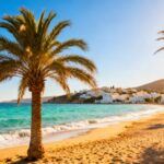 Sunny European beach with clear blue water and palm trees.