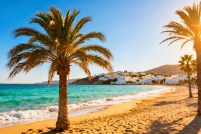 Sunny European beach with clear blue water and palm trees.