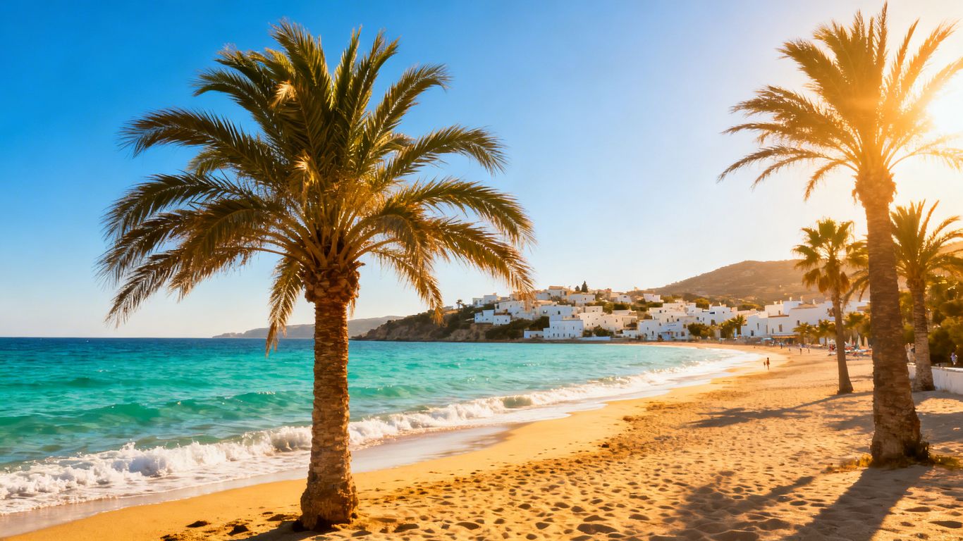 Sunny European beach with clear blue water and palm trees.