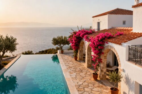 Luxury Greek villa with infinity pool overlooking the Aegean Sea.