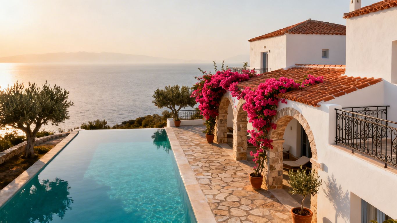 Luxury Greek villa with infinity pool overlooking the Aegean Sea.
