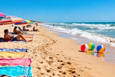 Summer beach with umbrellas, towels, and beach balls.
