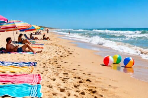 Summer beach with umbrellas, towels, and beach balls.