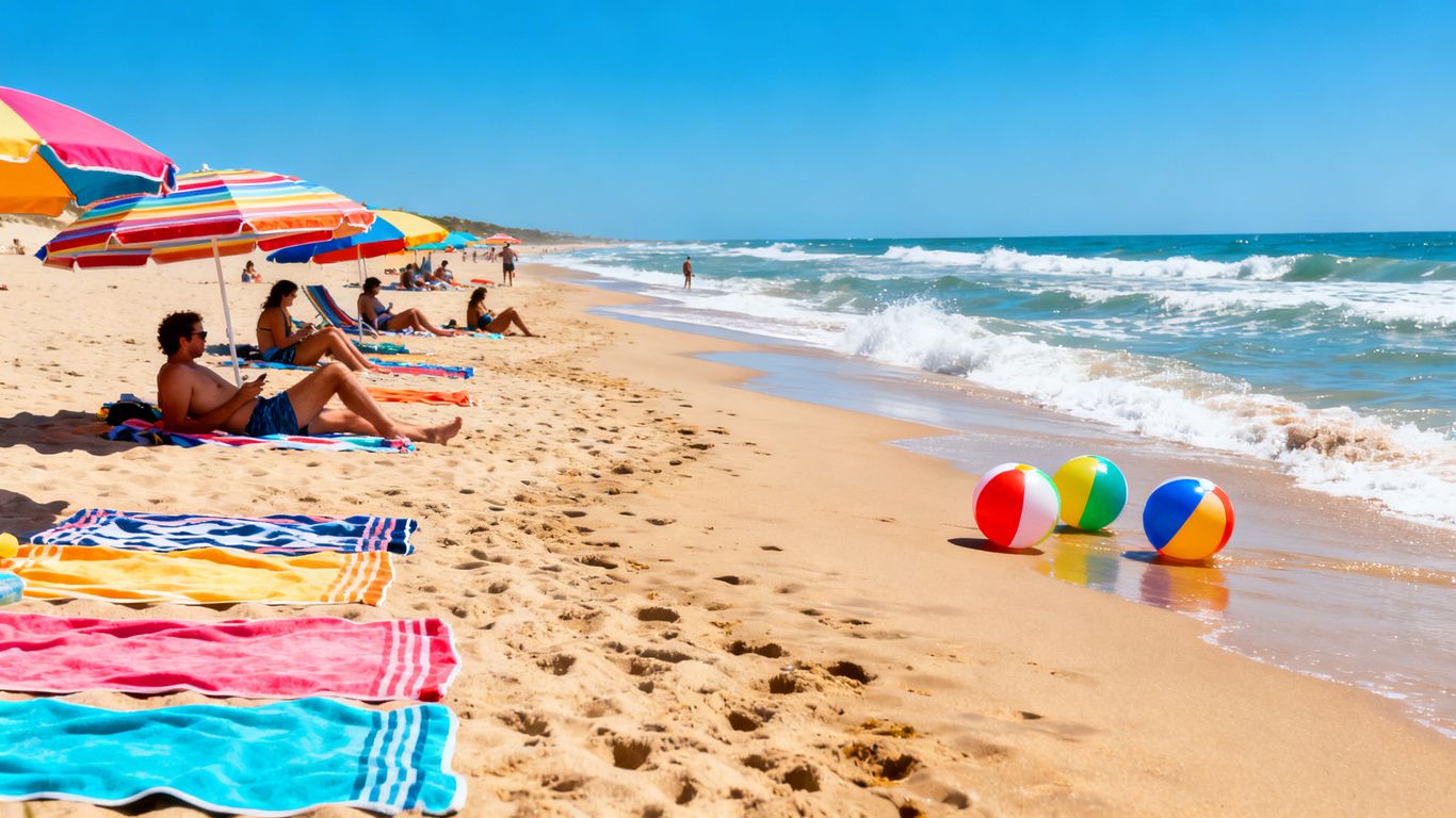 Summer beach with umbrellas, towels, and beach balls.