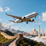 Airplane flying over world landmarks