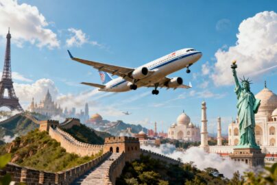 Airplane flying over world landmarks